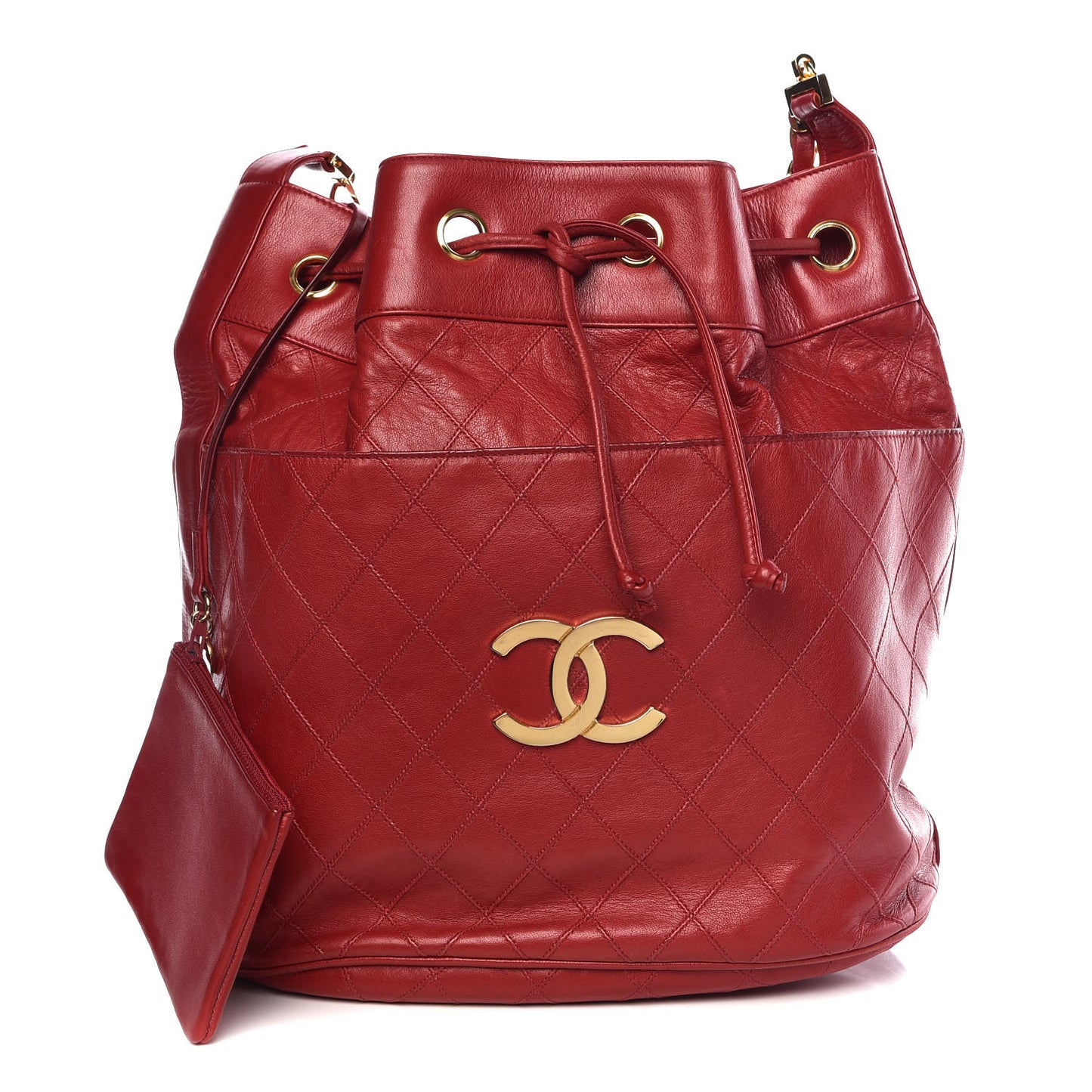 Lambskin Diamond Stitched CC Drawstring Shoulder Bag Red