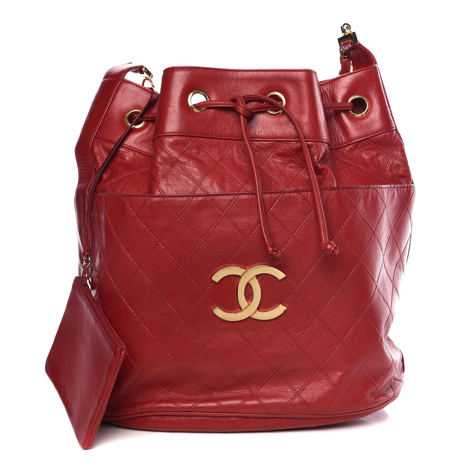 Chanel Lambskin Diamond Stitched CC Drawstring Shoulder Bag Red 1 of 13