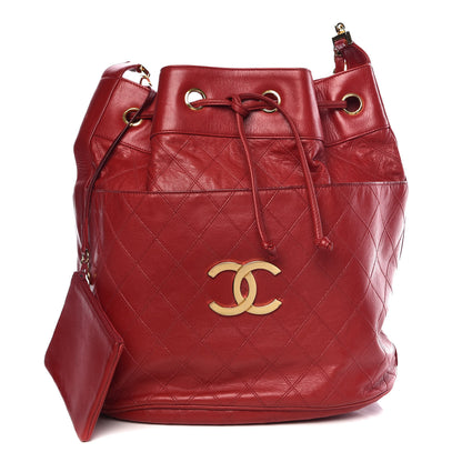 Chanel Lambskin Diamond Stitched CC Drawstring Shoulder Bag Red 1 of 13