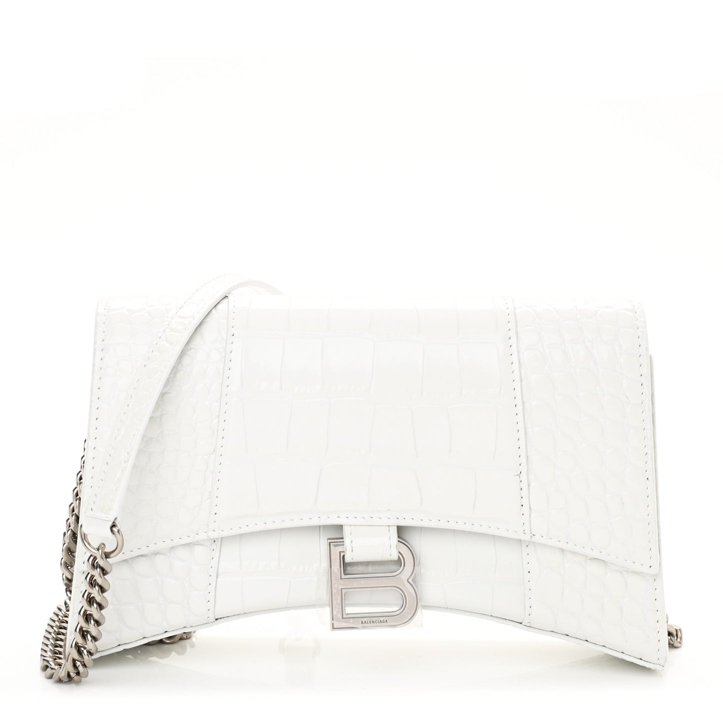 Shiny Calfskin Crocodile Embossed Small Hourglass Evening Chain Bag White