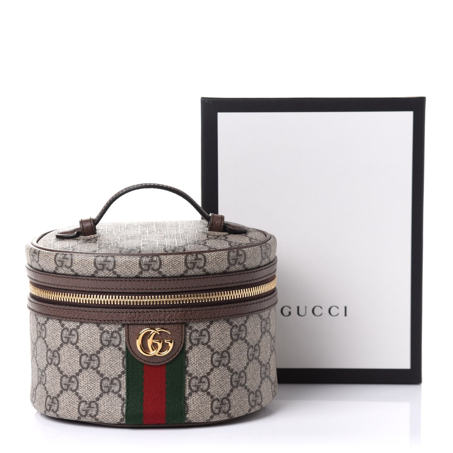 GG Supreme Monogram Textured Calfskin Web Ophidia Vanity Cosmetic Case Beige Ebony New Acero