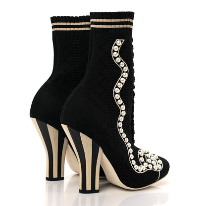 Fendi Stretch Fabric Pearl Embellished Openwork Rockoko 105mm Sock Boots 37 Black 4 of 6