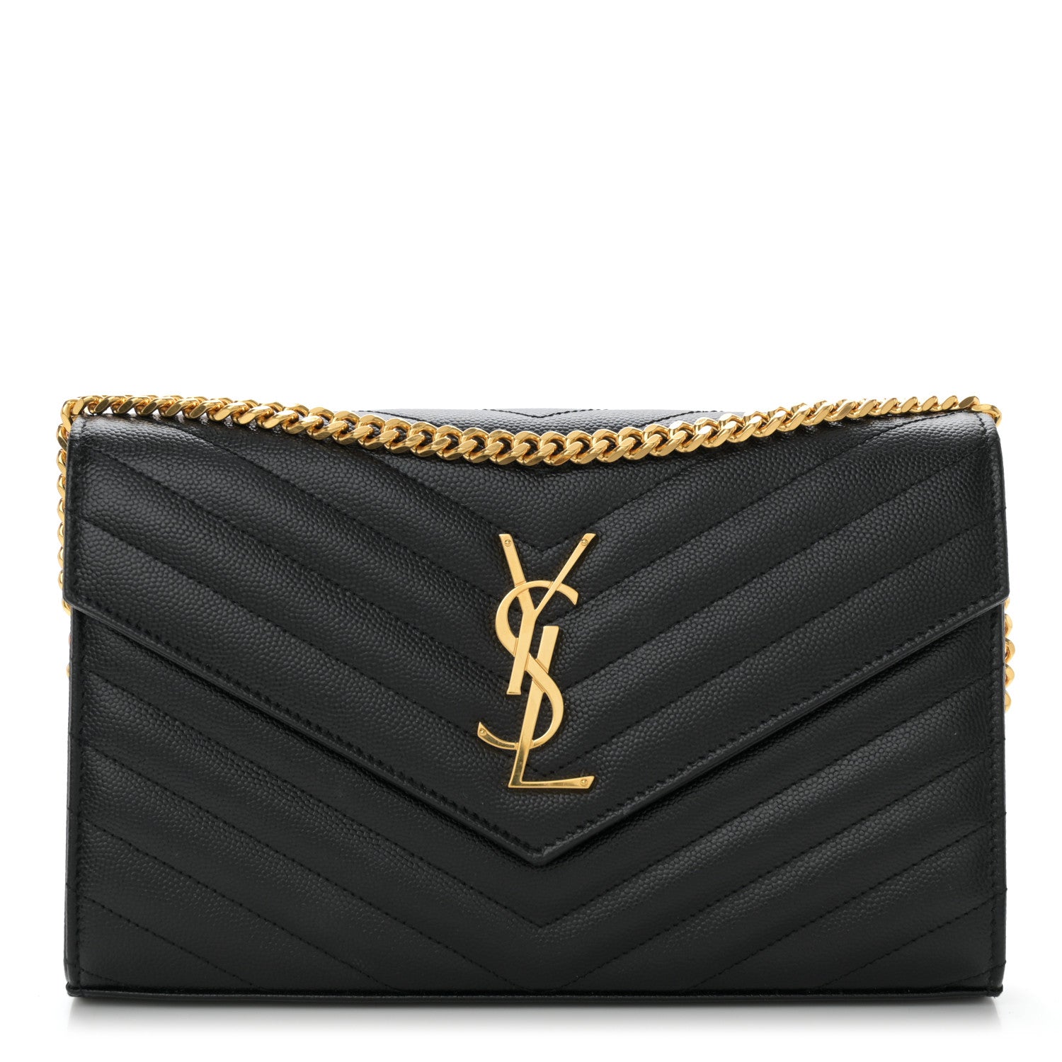 Saint Laurent Grain De Poudre Matelasse Chevron Monogram Chain Wallet Black 1 of 10