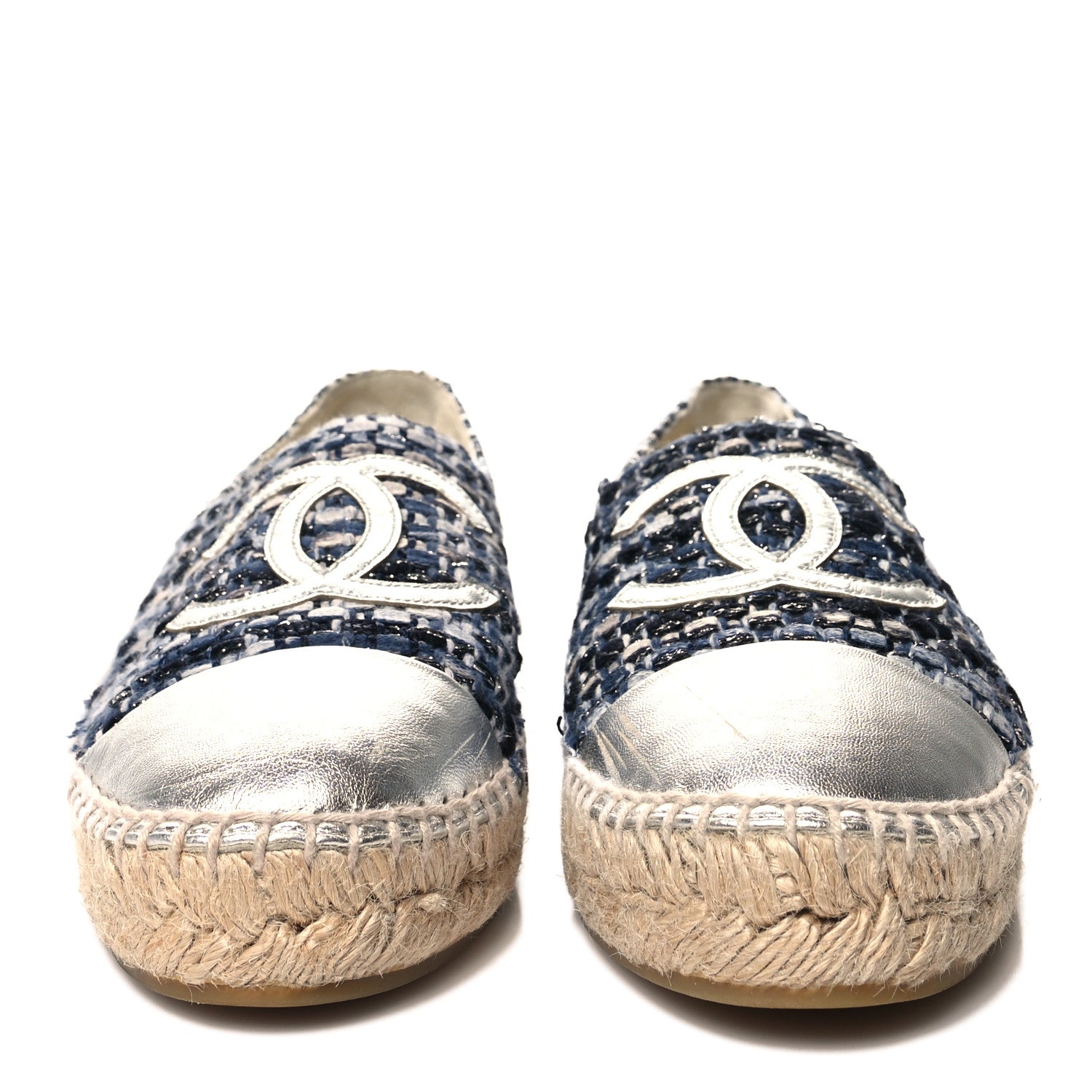 Chanel Metallic Tweed Lambskin CC Espadrilles 38 Blue Black Silver 2 of 9