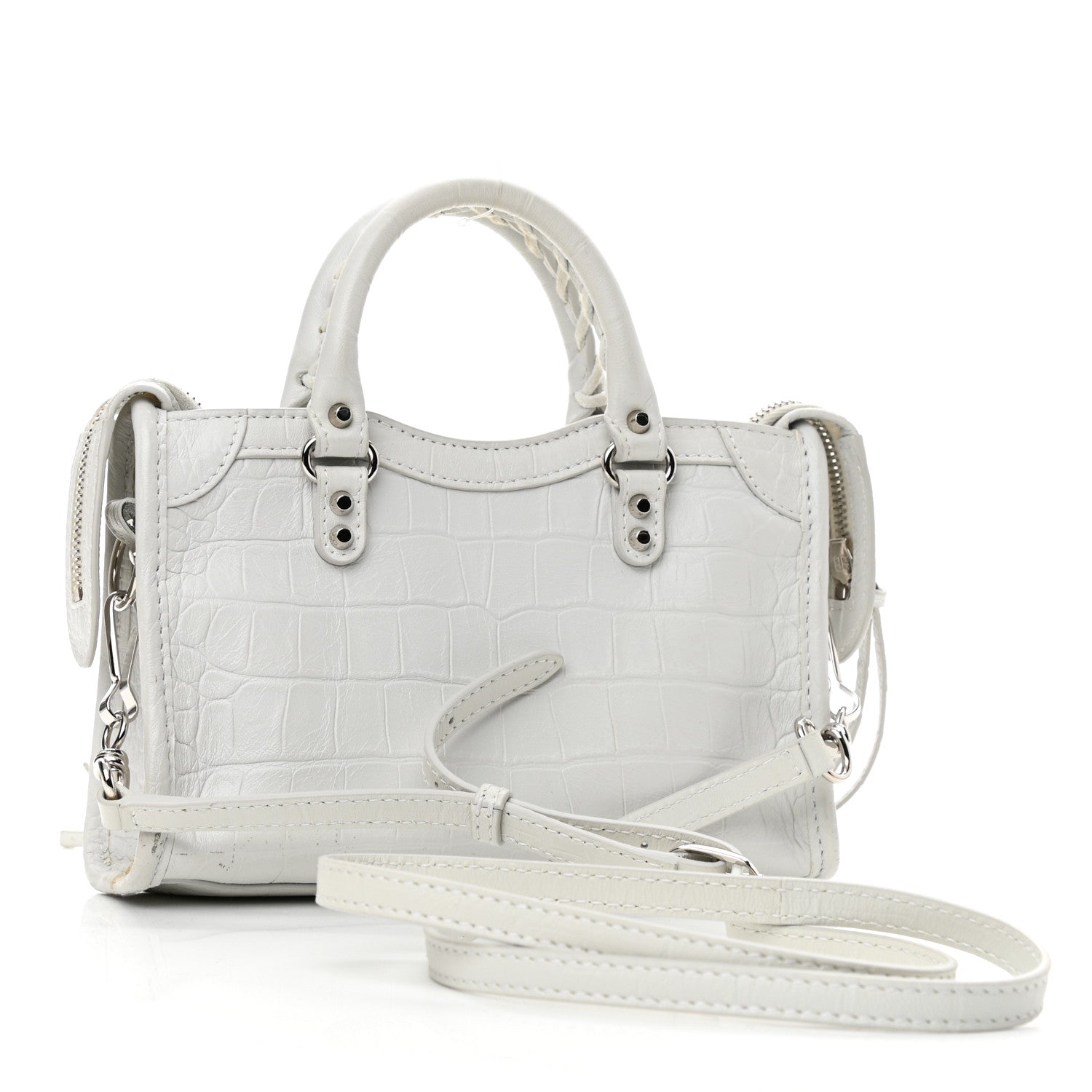 Balenciaga Matte Supple Lambskin Crocodile Embossed Classic Silver Hardware Nano City White 2 of 11
