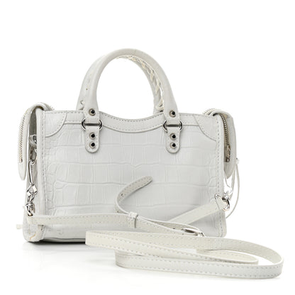 Balenciaga Matte Supple Lambskin Crocodile Embossed Classic Silver Hardware Nano City White 2 of 11