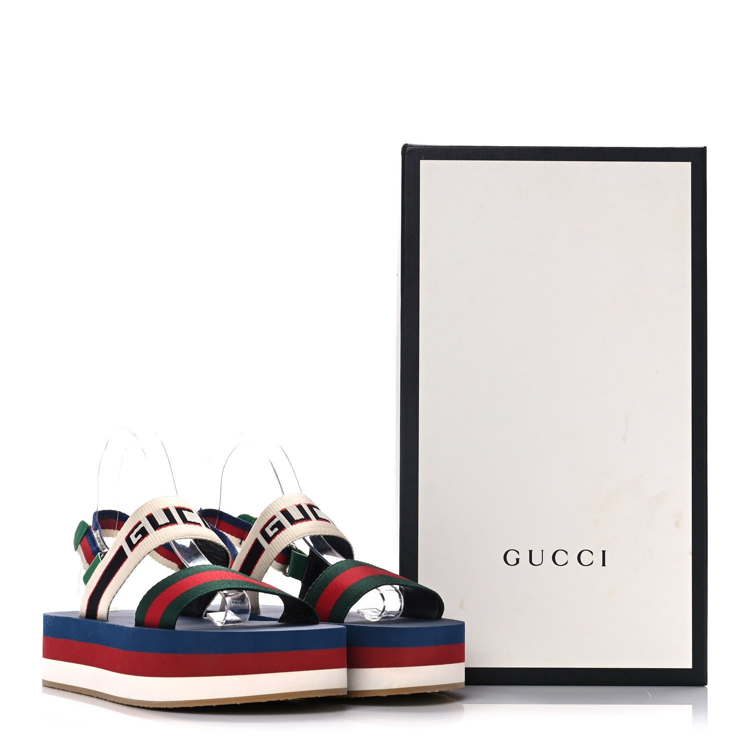 Gucci Nylon Stripe Logo Sylvie Web Platform Slingback Sandals 39 Green Red Ecru 10 of 10