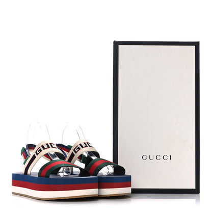 Gucci Nylon Stripe Logo Sylvie Web Platform Slingback Sandals 39 Green Red Ecru 10 of 10