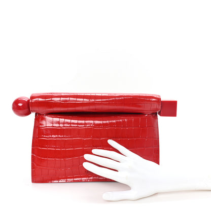 Jacquemus Calfskin Crocodile Embossed La Pochette Rond Carre Red 2 of 7