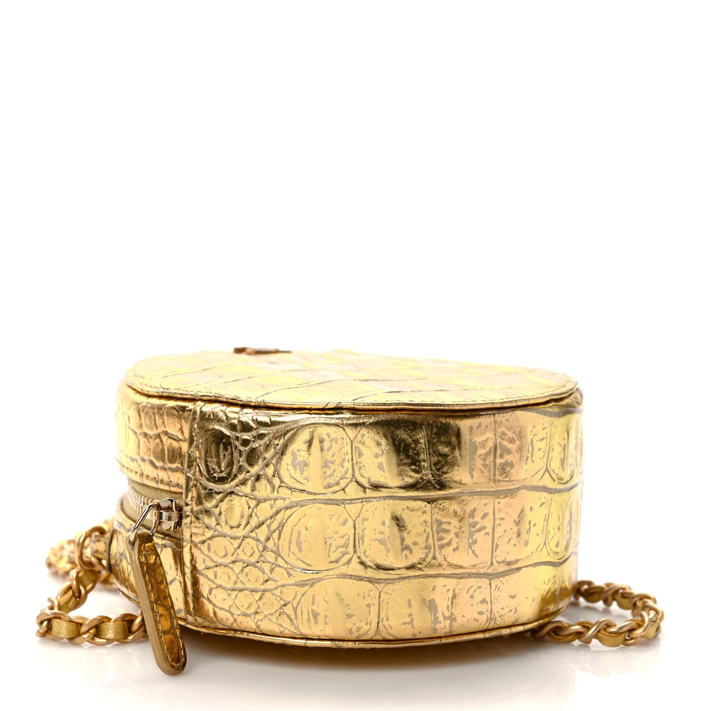 Metallic Calfskin Crocodile Embossed Cocodile Round Clutch with Chain Gold