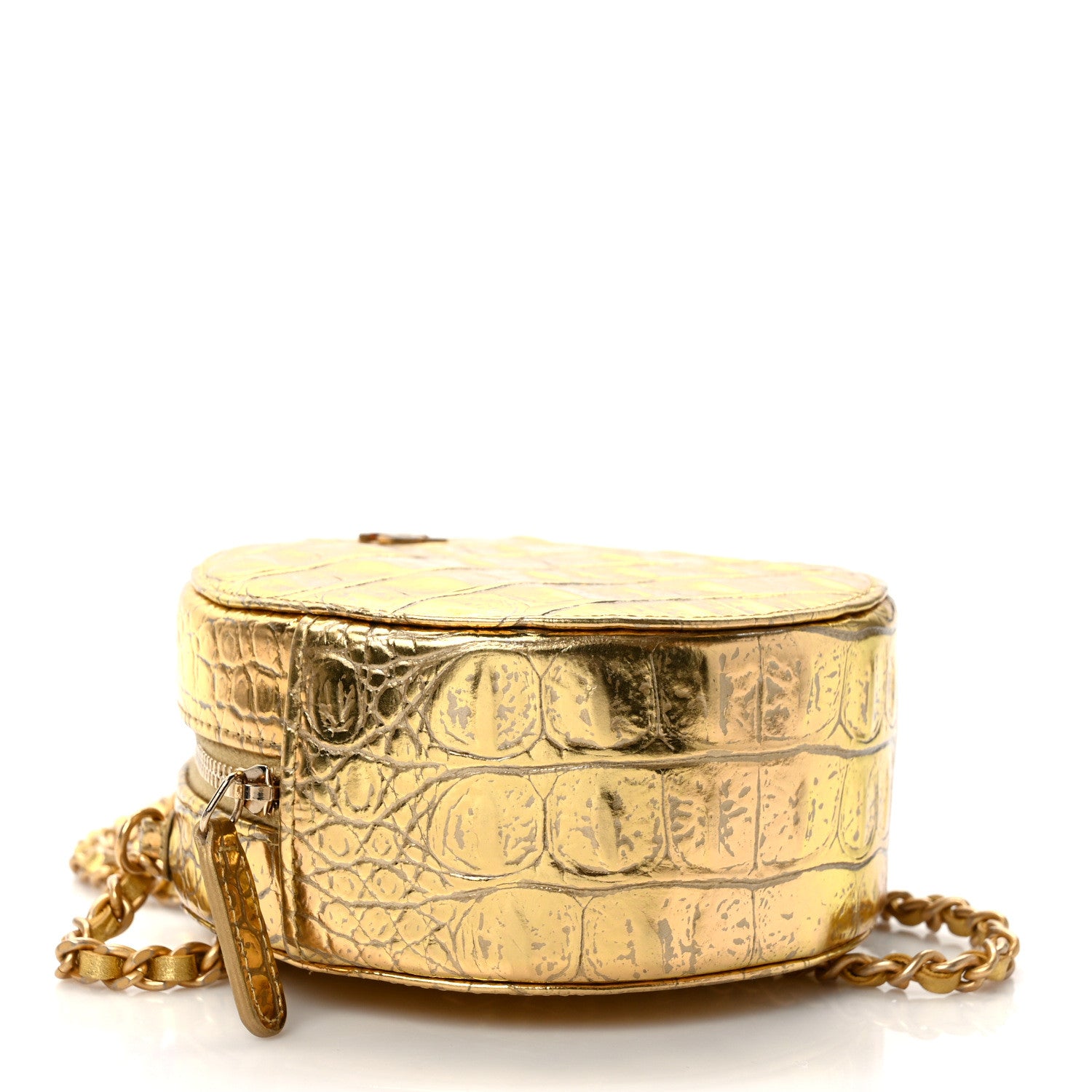 Chanel Metallic Calfskin Crocodile Embossed Cocodile Round Clutch with Chain Gold 4 of 9