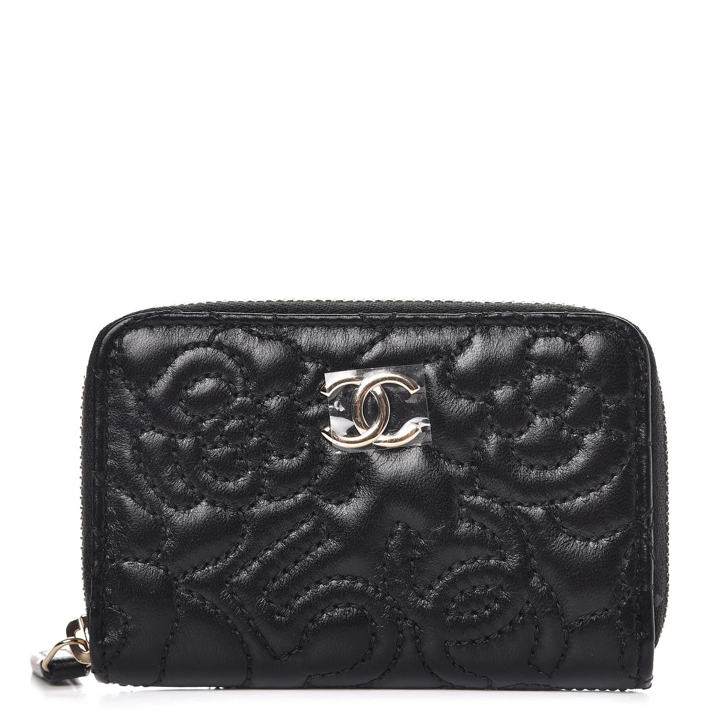 Lambskin Camellia Embossed Zip Coin Purse Black