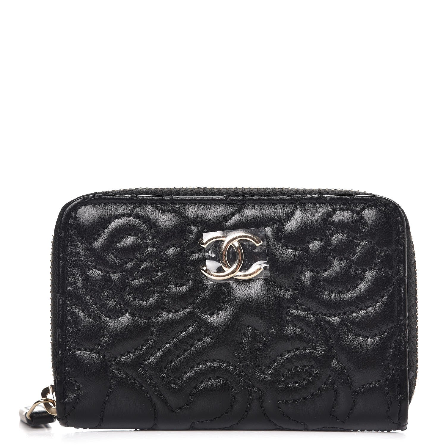 Chanel Lambskin Camellia Embossed Zip Coin Purse Black 1 of 8