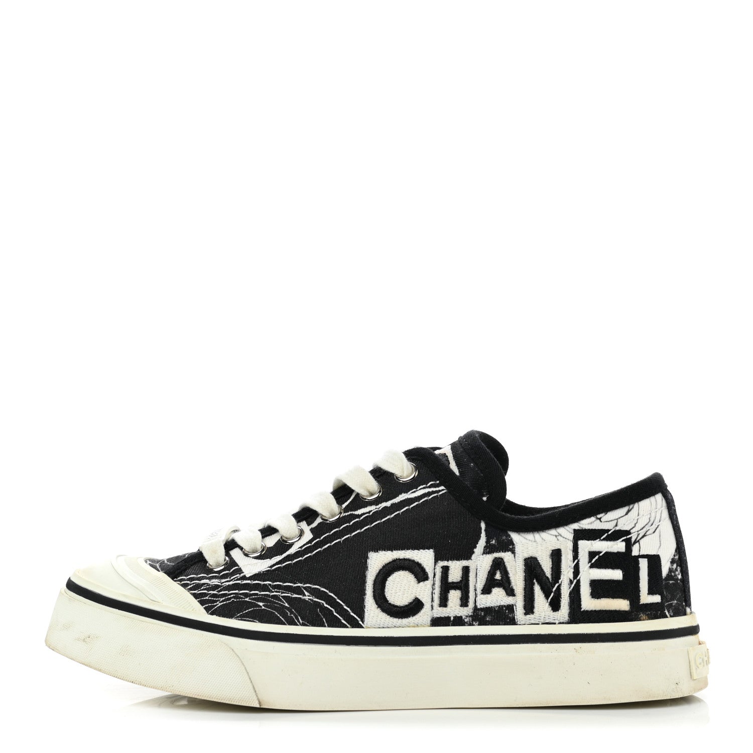 Chanel Printed Fabric Low Top Logo Sneakers 35.5 White Black 1 of 13