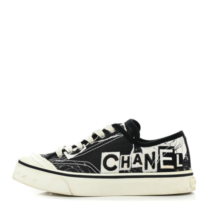 Chanel Printed Fabric Low Top Logo Sneakers 35.5 White Black 1 of 13
