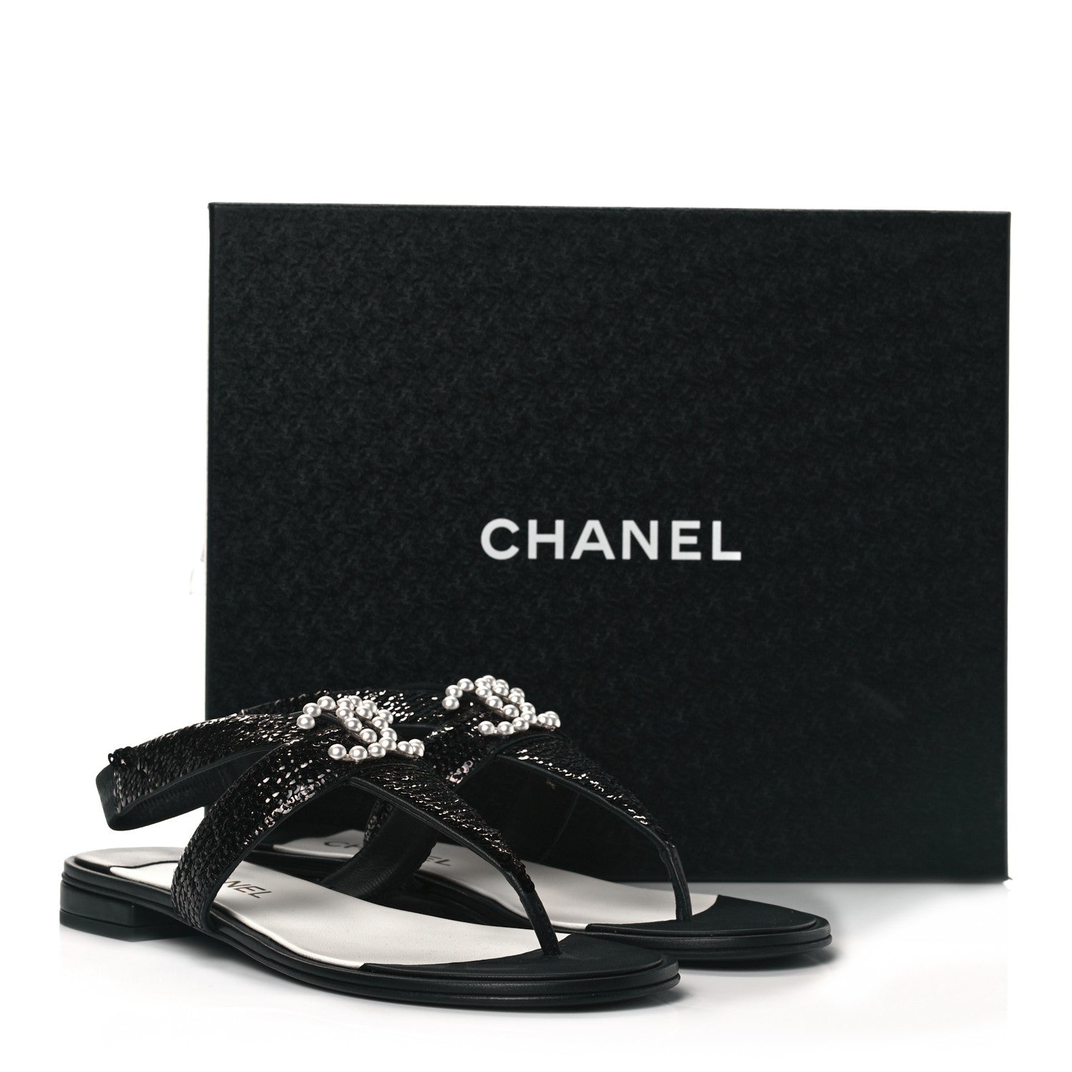 Chanel Lambskin Sequin Pearl CC Thong Sandals 41 Black 9 of 9