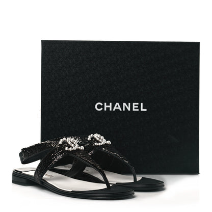 Chanel Lambskin Sequin Pearl CC Thong Sandals 41 Black 9 of 9