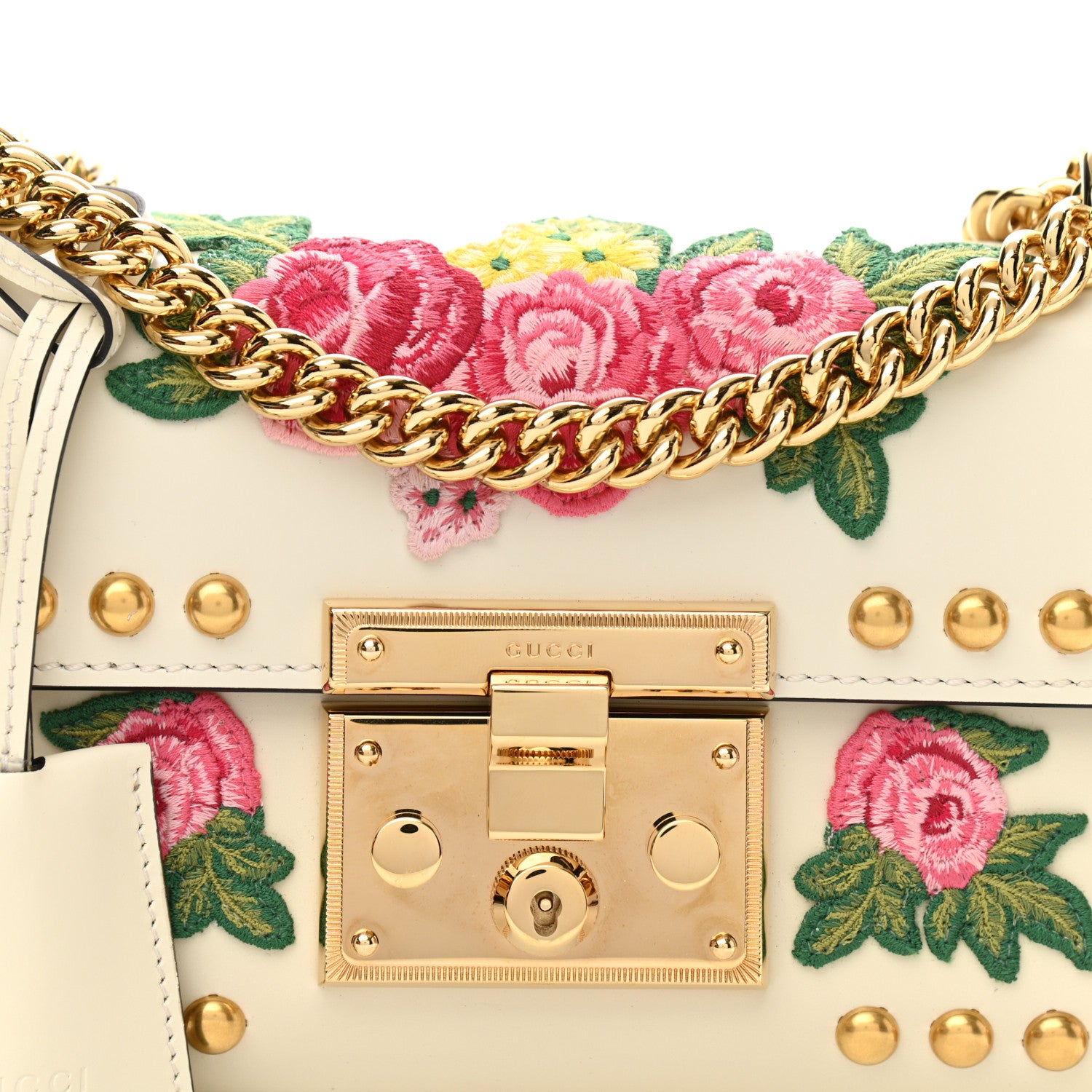 Gucci Calfskin Floral Embroidered Small Padlock Shoulder Bag White 8 of 12