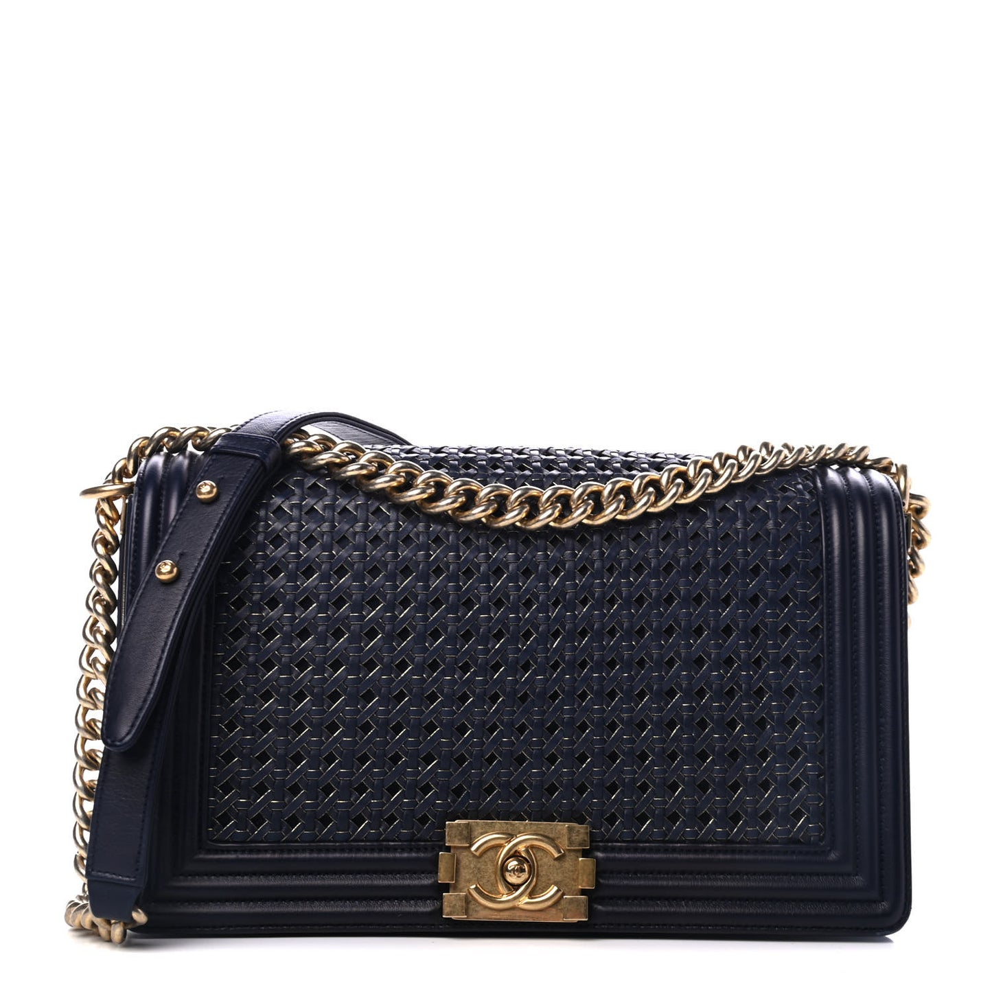 Lambskin Braided Woven Medium Boy Flap Navy Black