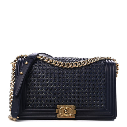 Chanel Lambskin Braided Woven Medium Boy Flap Navy Black 1 of 4