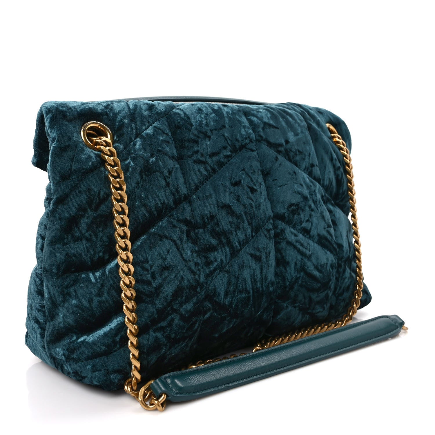 Saint Laurent Crushed Velvet Quilted Small Loulou Puffer Monogram Chain Satchel Emerald 3 of 8