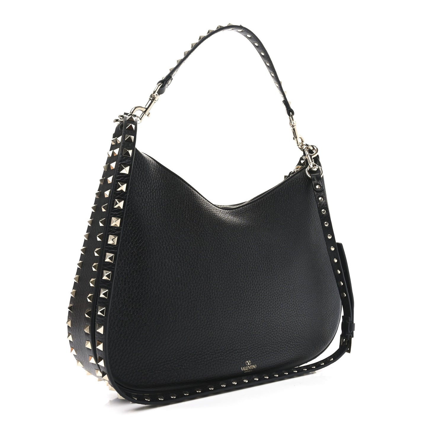 Grained Calfskin Rockstud Hobo Bag Black