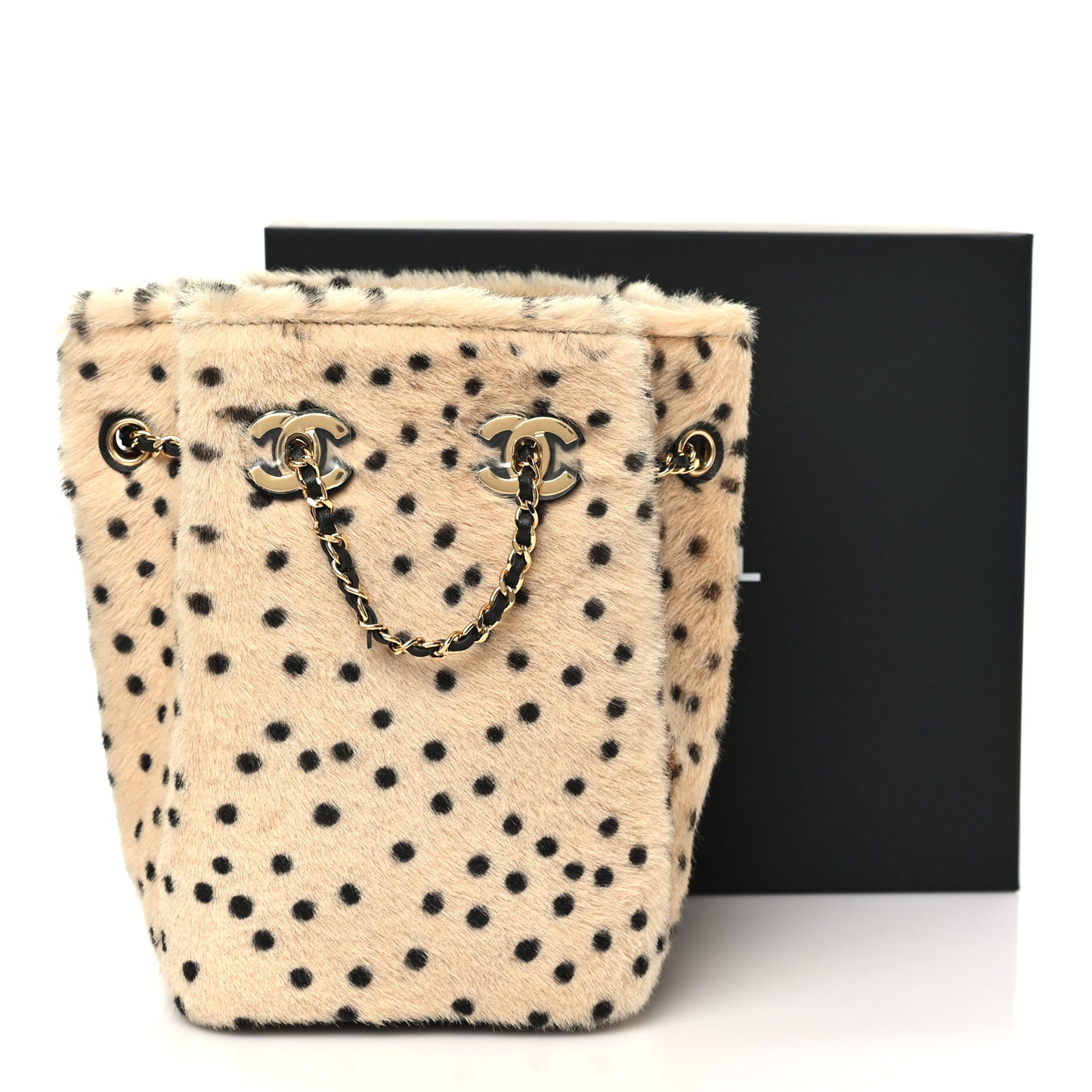 Pony Hair Cheetah Printed CC Chain Bucket Bag Light Beige Black