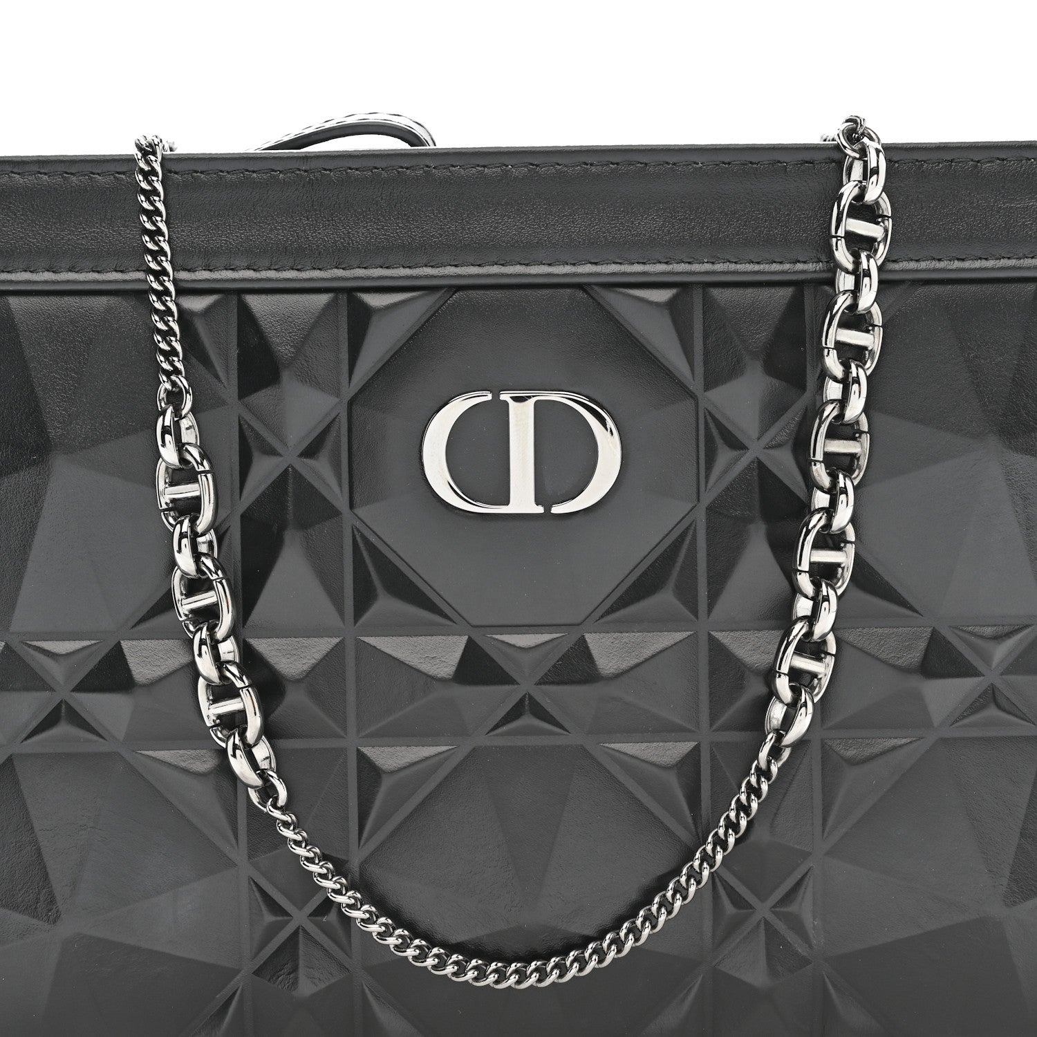Christian Dior Calfskin Macrocannage Diamond Caro Zipped Pouch With Chain Black 8 of 10
