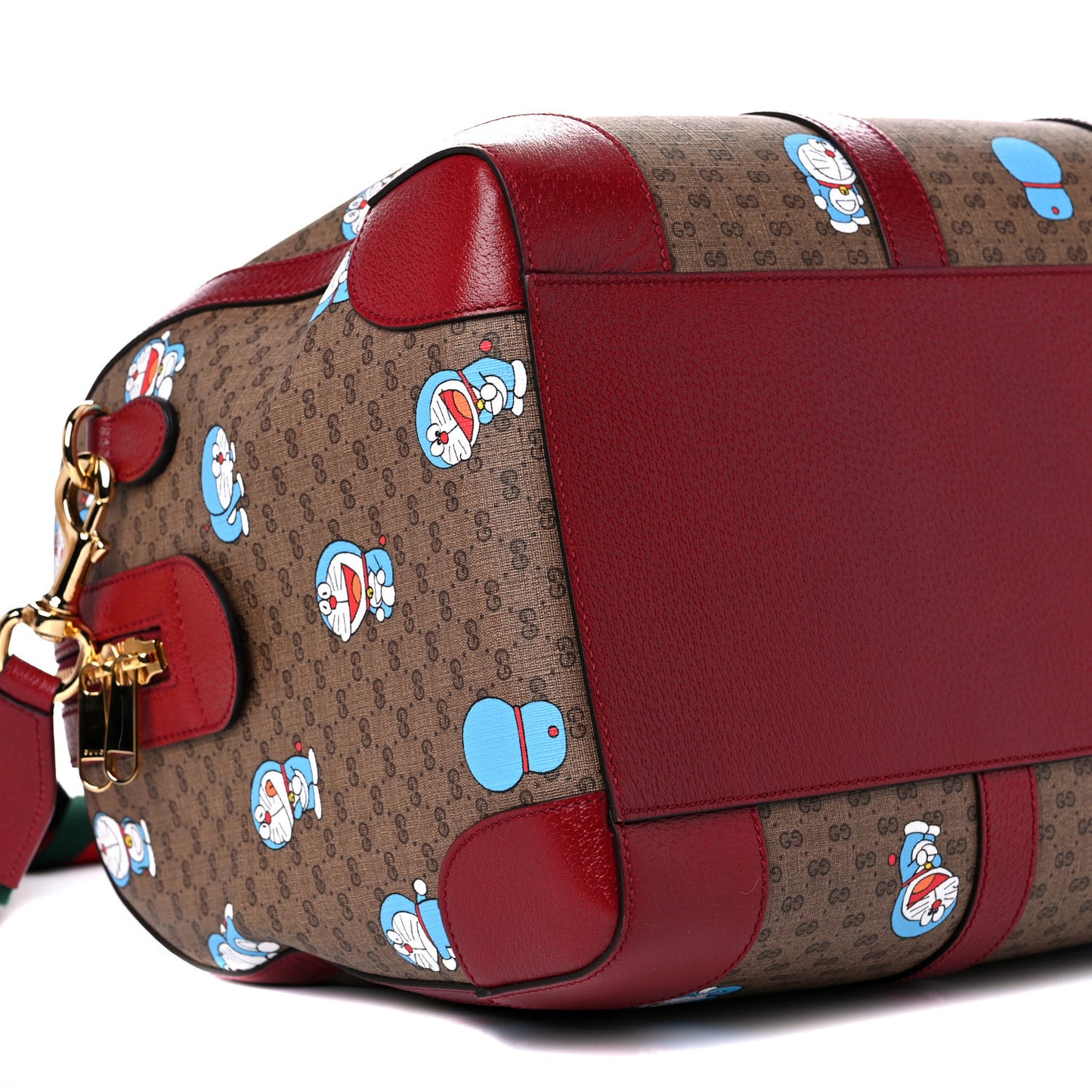 X DORAEMON Mini Vintage GG Supreme Monogram Web Duffle Travel Bag Beige Cherry Red