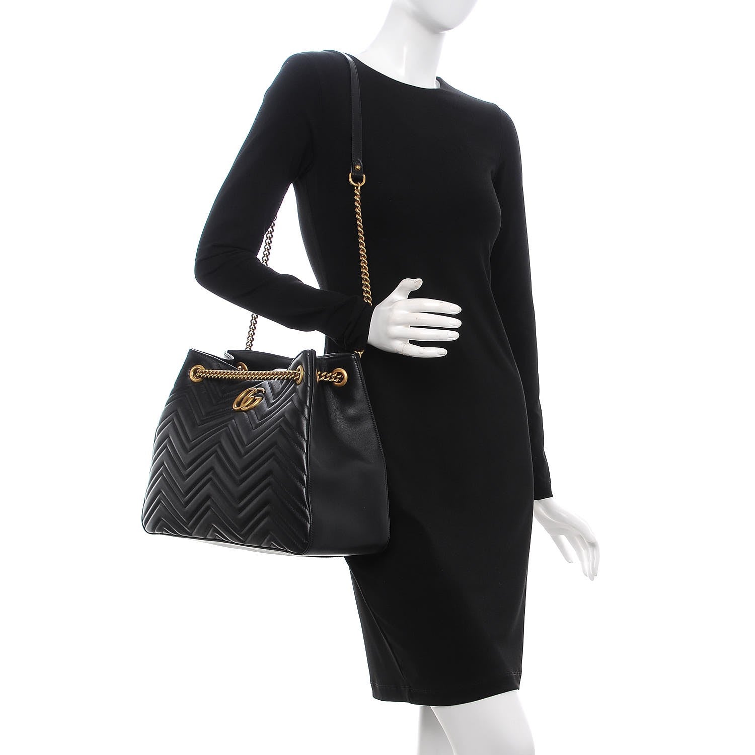 Gucci Calfskin Matelasse Medium GG Marmont Shoulder Tote Bag Black 2 of 7