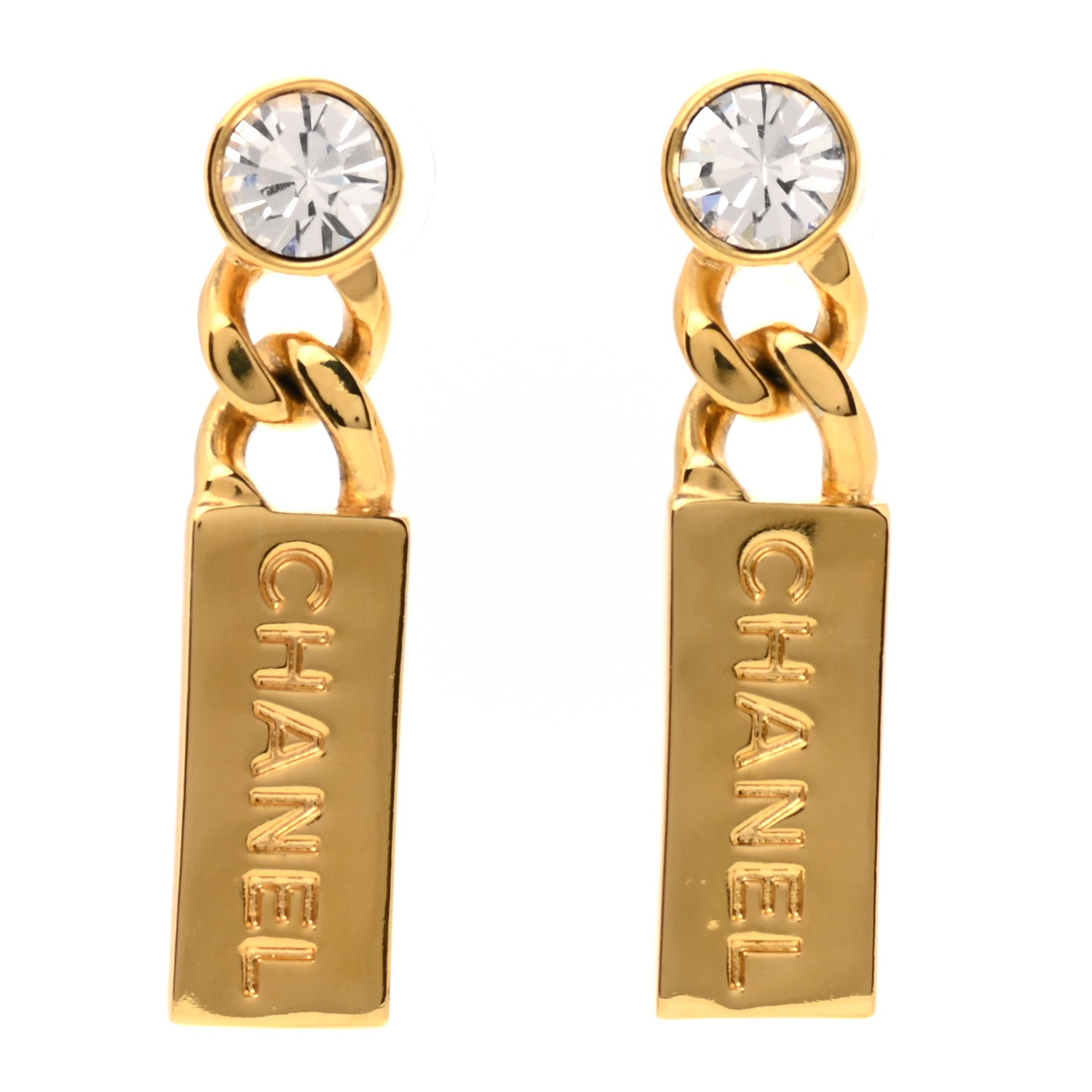 Chanel Crystal Tag Drop Earrings Gold 1 of 5