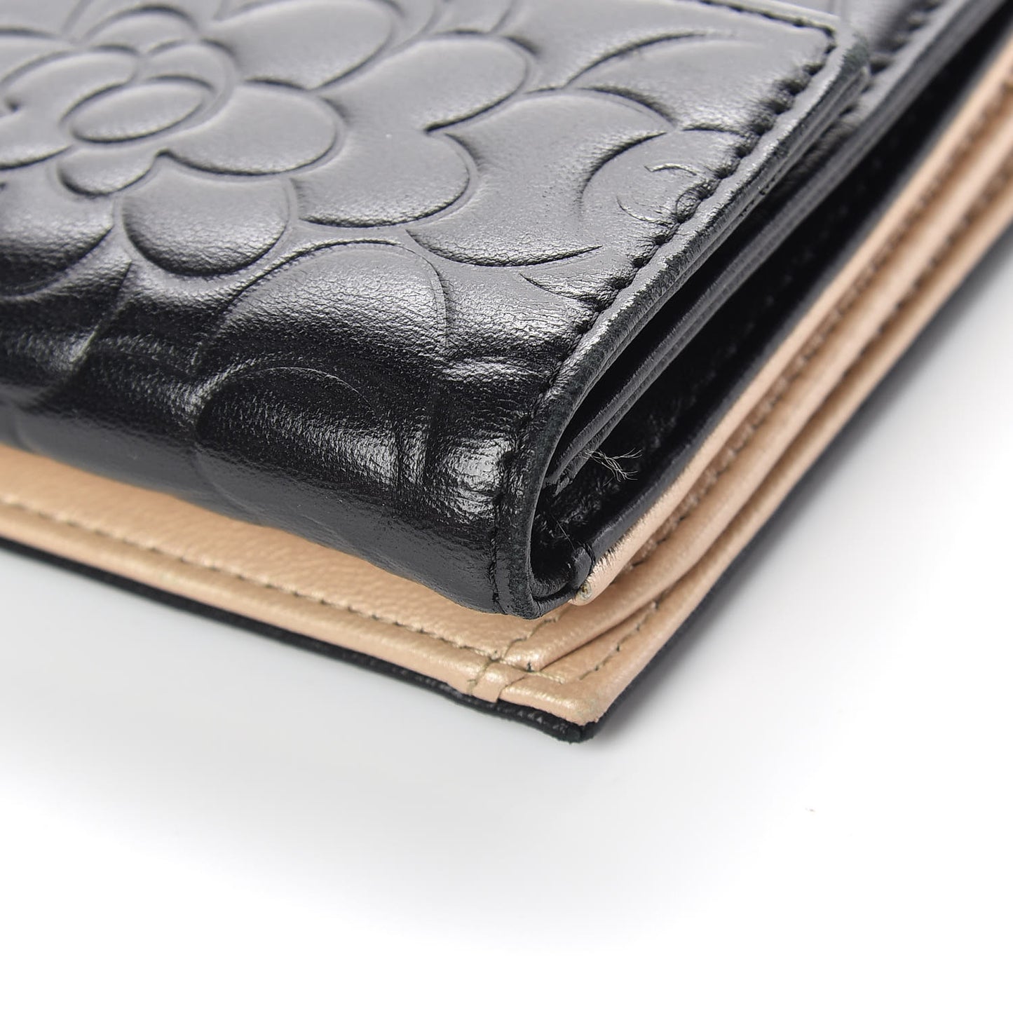 Lambskin Camellia Embossed Long Double Wallet Black
