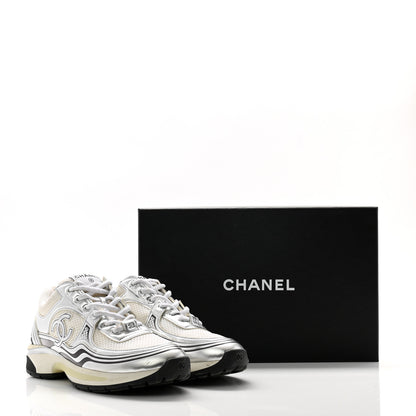Chanel Fabric Laminated Calfskin Stretch CC Womens Sneakers 39 White Silver 10 of 10
