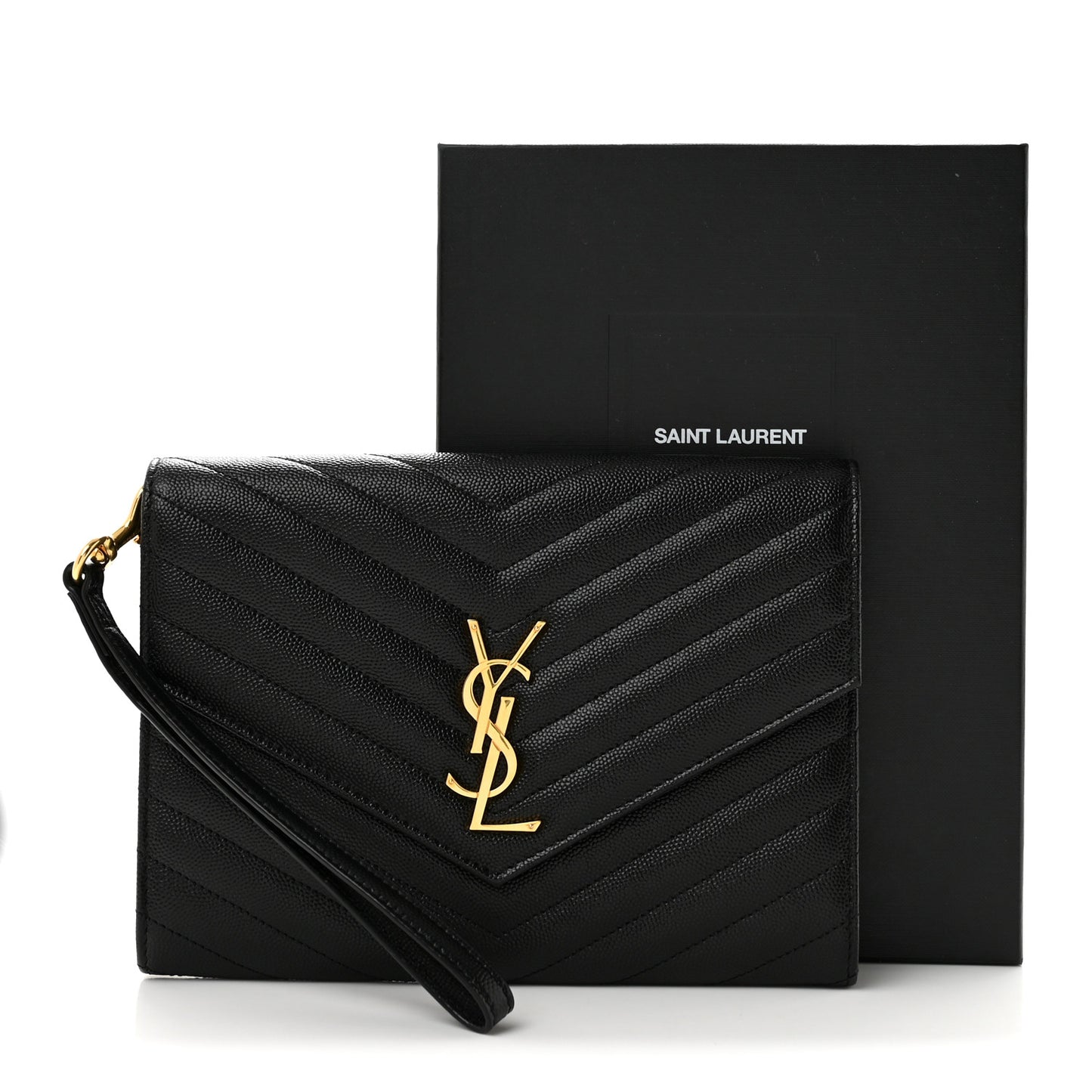 Grain De Poudre Matelasse Chevron Monogram Envelope Clutch Black