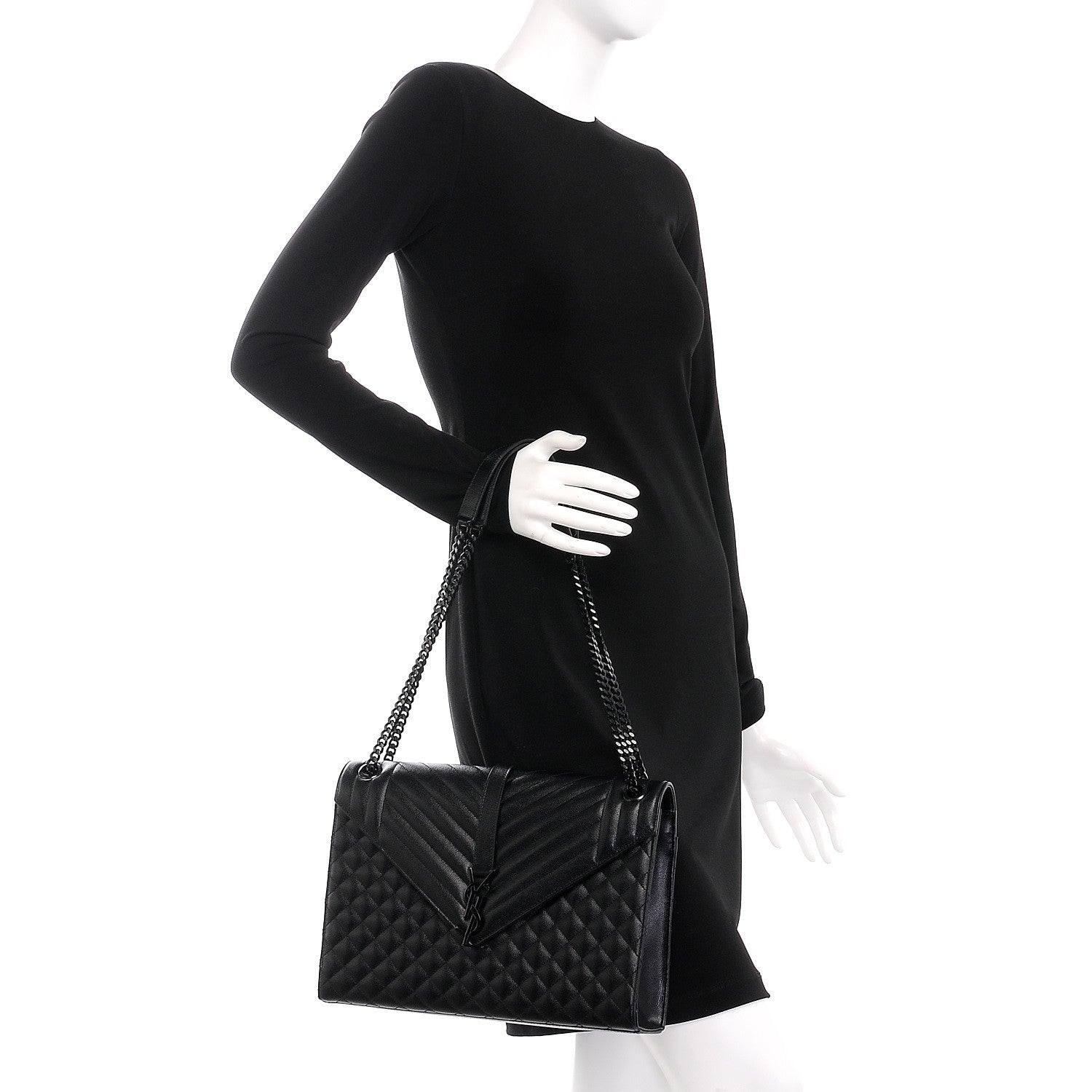 Saint Laurent Grain De Poudre Textured Mixed Matelasse Large Triquilt Monogram Monochrome Satchel Black 2 of 8