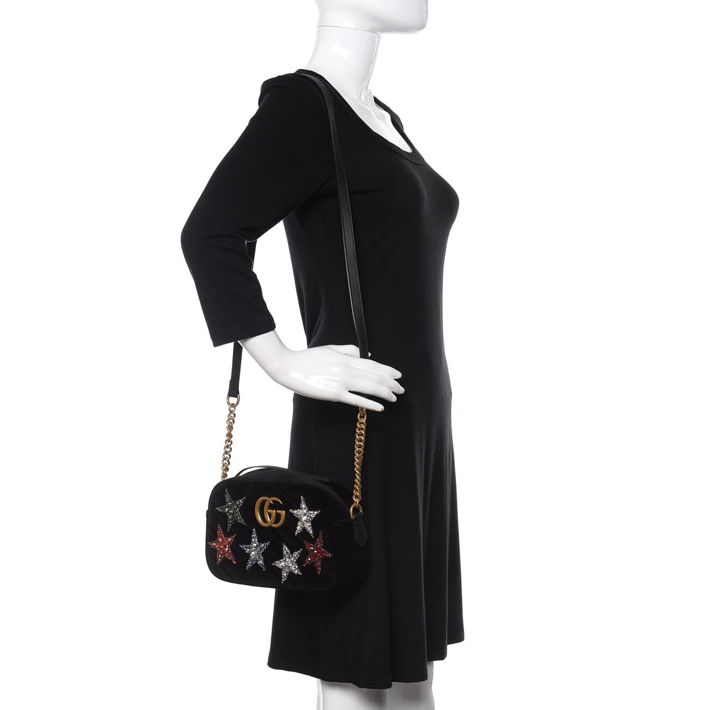 Velvet Matelasse Crystal Star Embroidered Small GG Marmont Chain Shoulder Bag Black