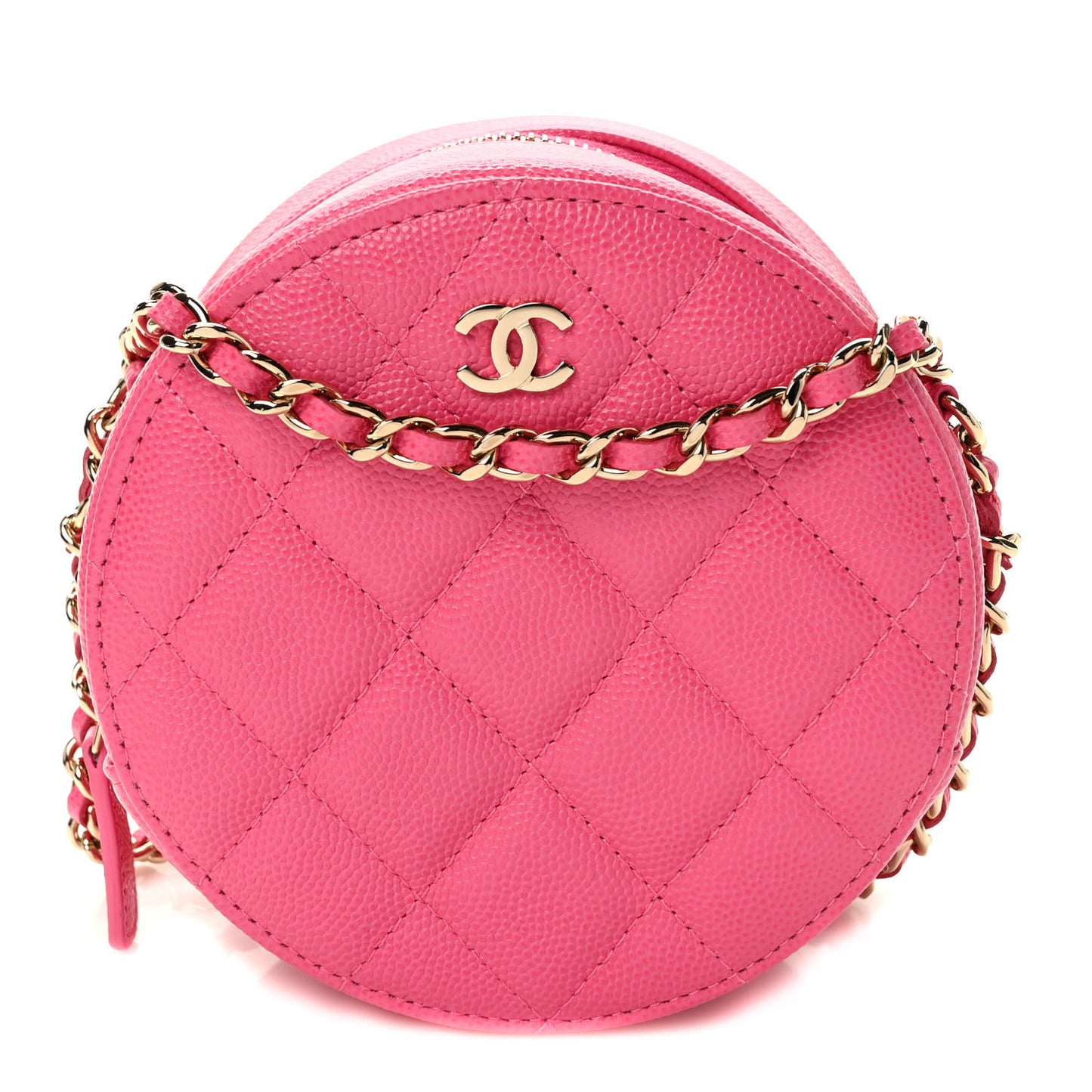 Caviar Quilted Round Clutch With Chain Pink