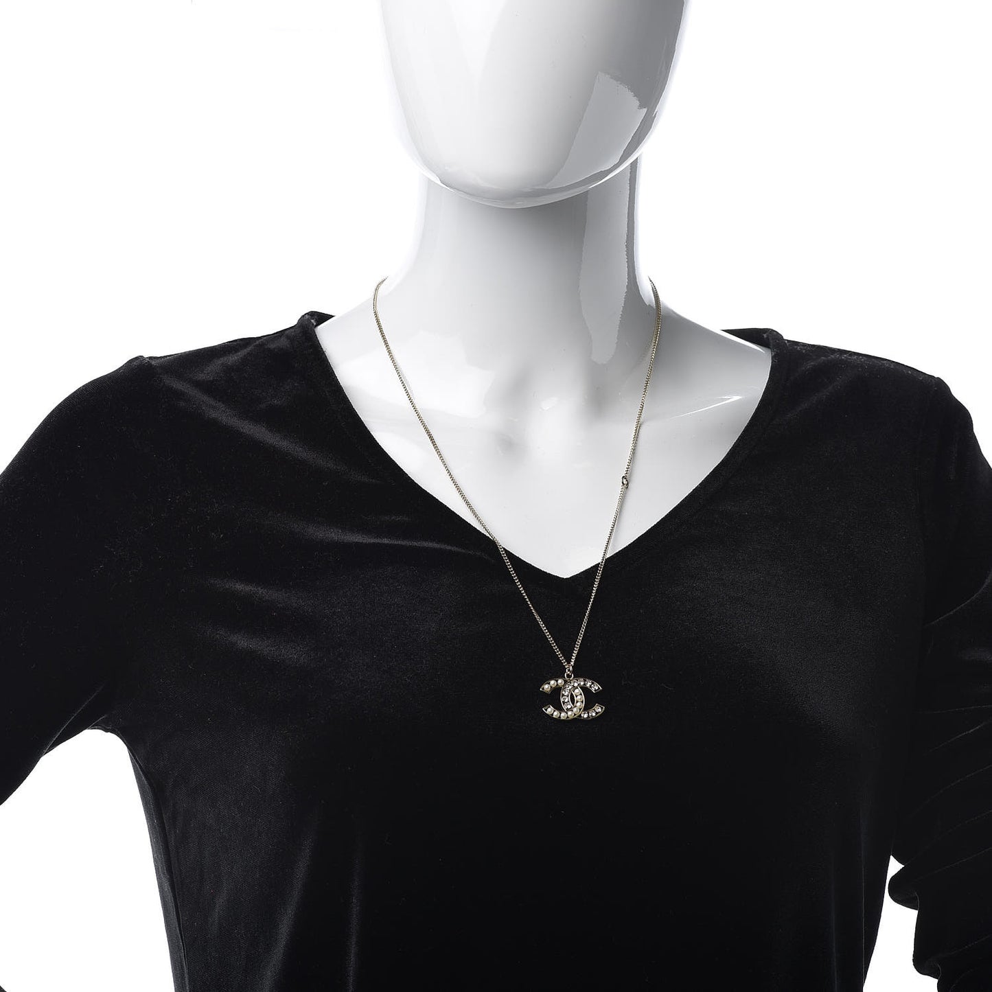 Pearl Crystal CC Pendant Necklace Gold
