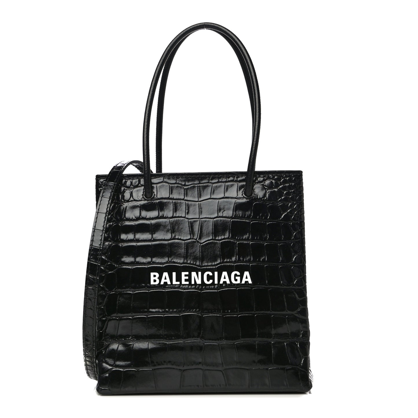 Shiny Calfskin Logo Crocodile Embossed North South Shopper Tote XXS Black White
