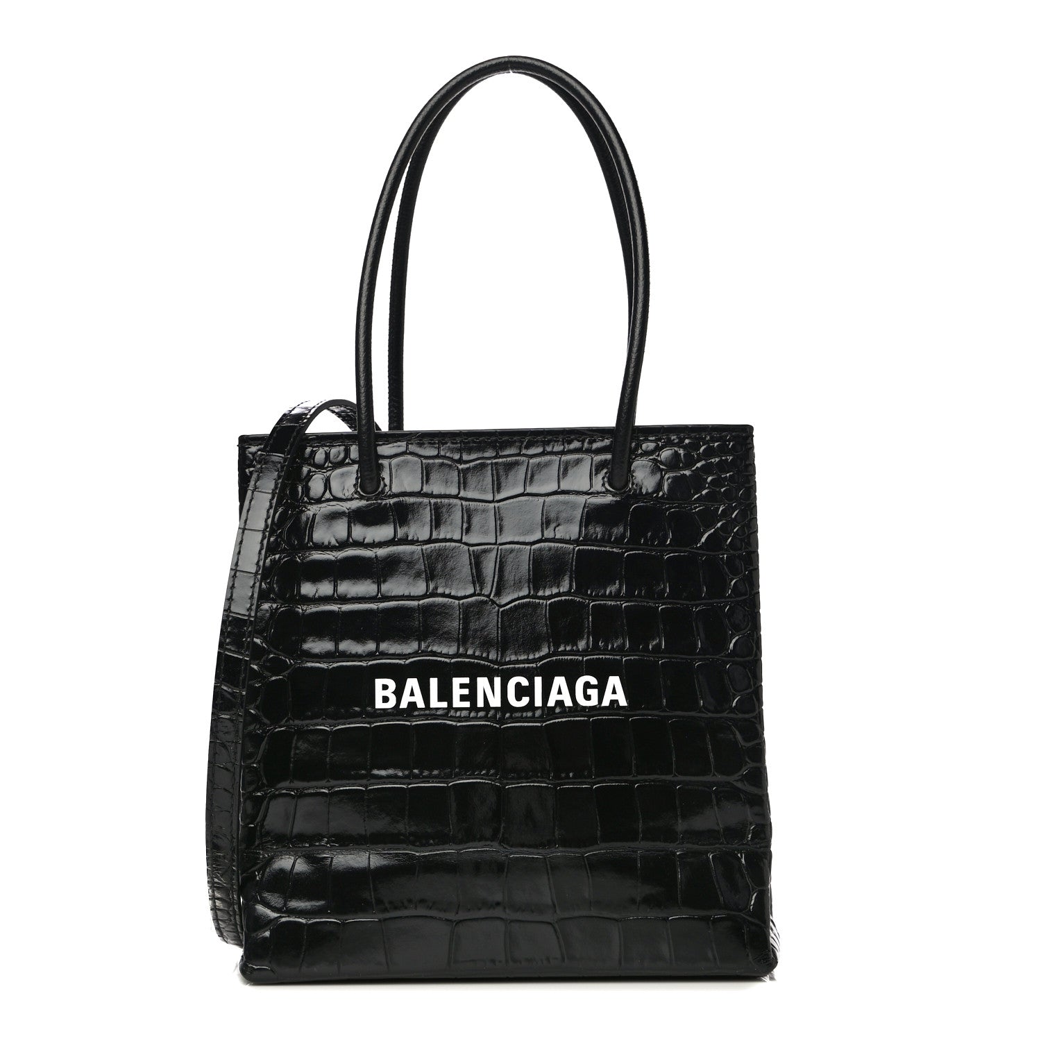 Balenciaga Shiny Calfskin Logo Crocodile Embossed North South Shopper Tote XXS Black White 1 of 12