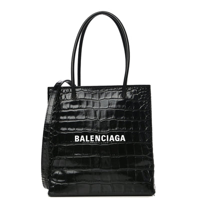 Balenciaga Shiny Calfskin Logo Crocodile Embossed North South Shopper Tote XXS Black White 1 of 12