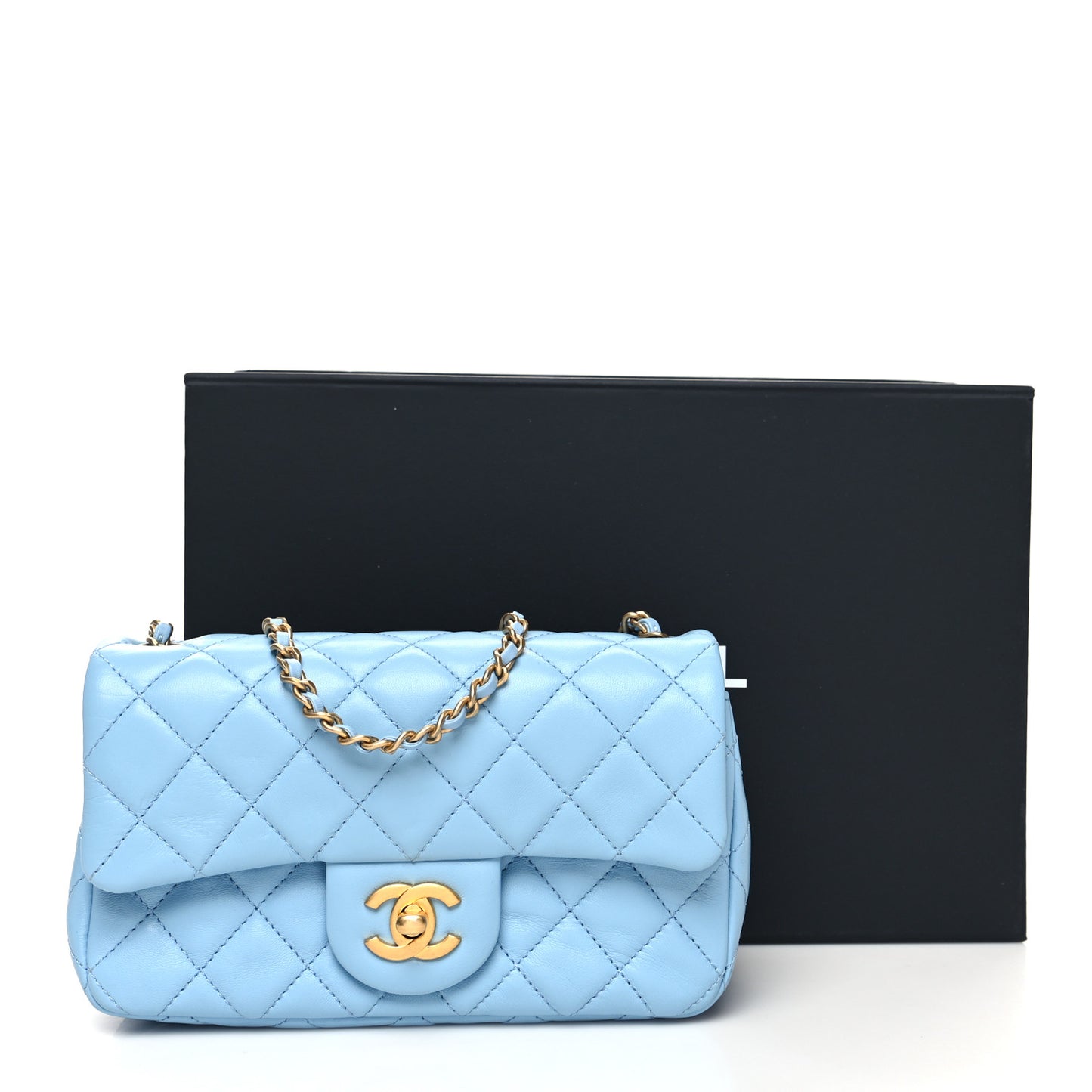 Lambskin Quilted Mini Rectangular Pearl Crush Flap Light Blue