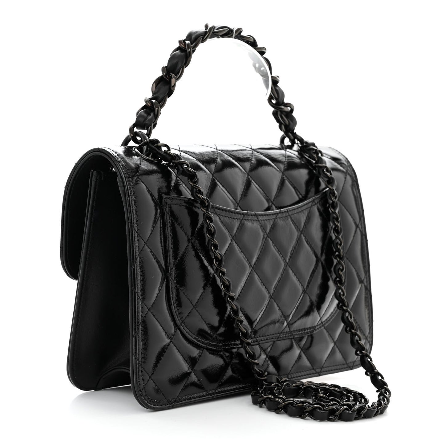 Shiny Crumpled Calfskin Quilted Large Double You Flap So Black