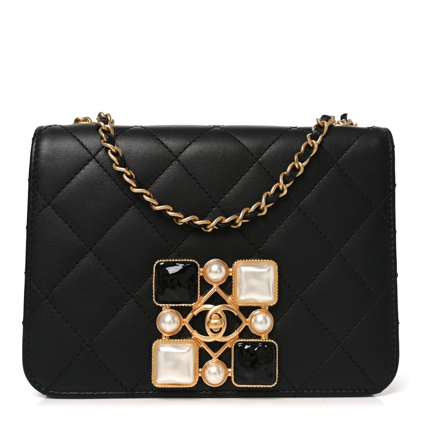 Calfskin Quilted Crystal Pearl Small Flap Bag Black