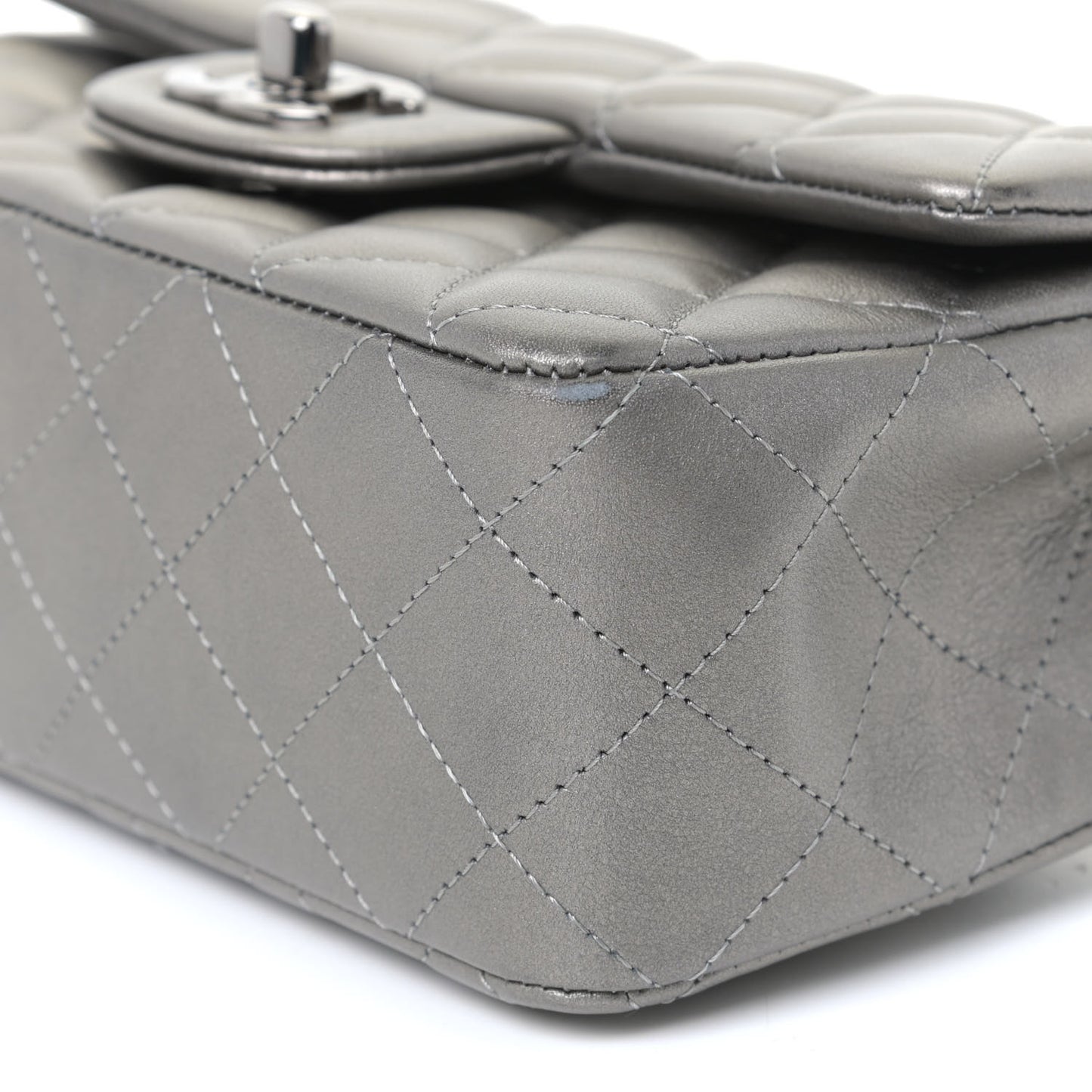 Metallic Lambskin Quilted Mini Rectangular Flap Silver