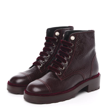 Chanel Calfskin Velvet Pearl Combat Short Boots 38 Burgundy 3 of 8