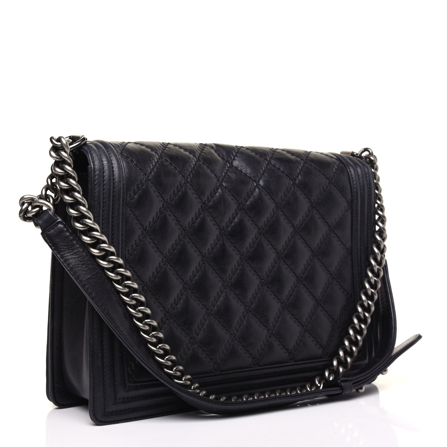 Calfskin Embossed Stitch Large Boy Flap Black