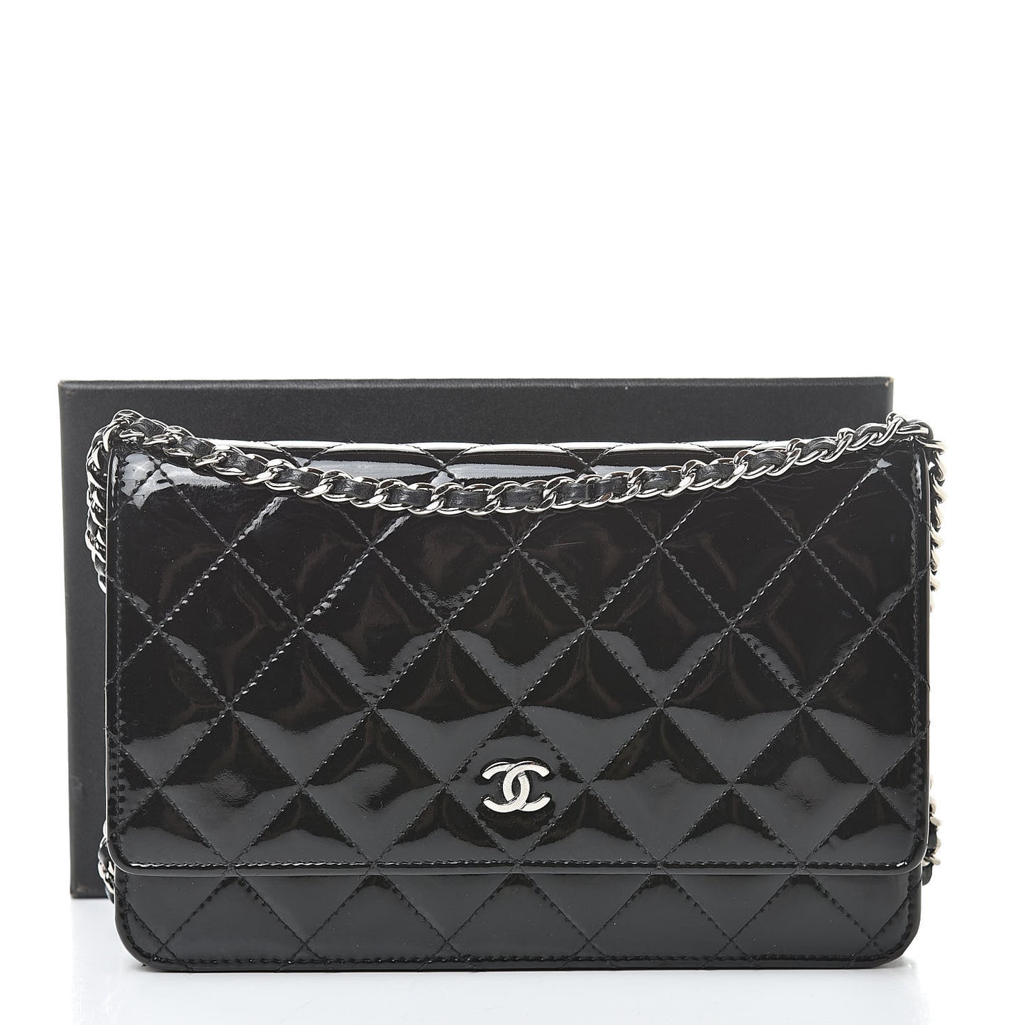 Patent Quilted Wallet On Chain WOC Black