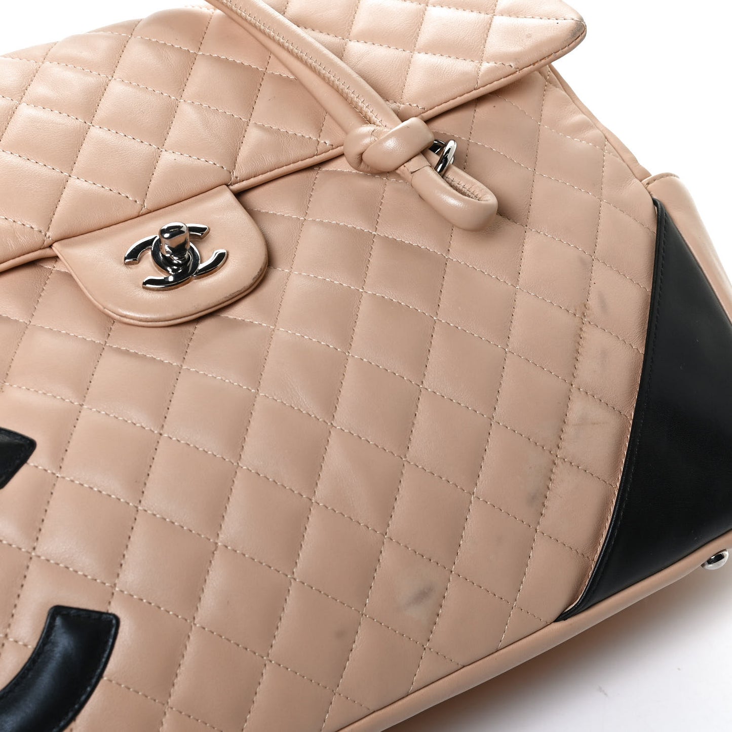 Calfskin Quilted Large Cambon Flap Beige Black