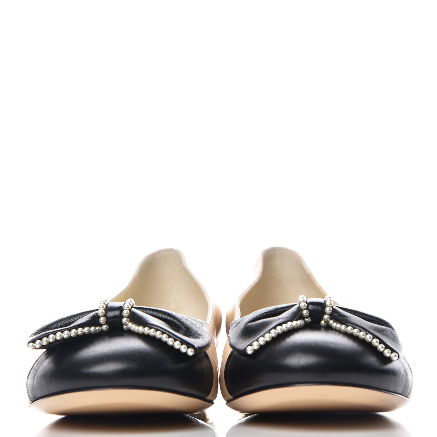 Lambskin Pearl Bow Ballerina Flats 39.5 Beige Black